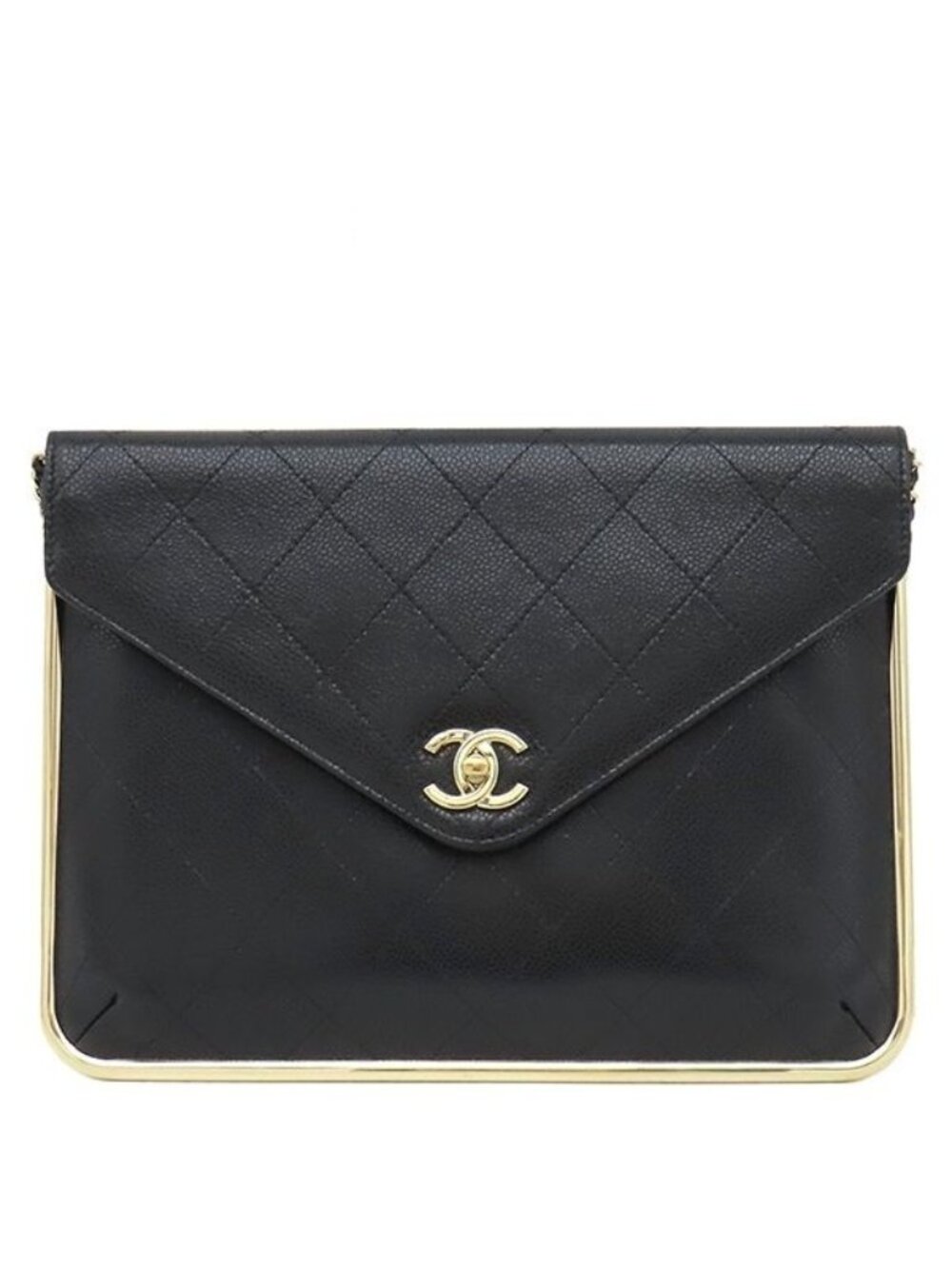 Chanel Clutch Quilted Chain Leather Black Gold CC Logo